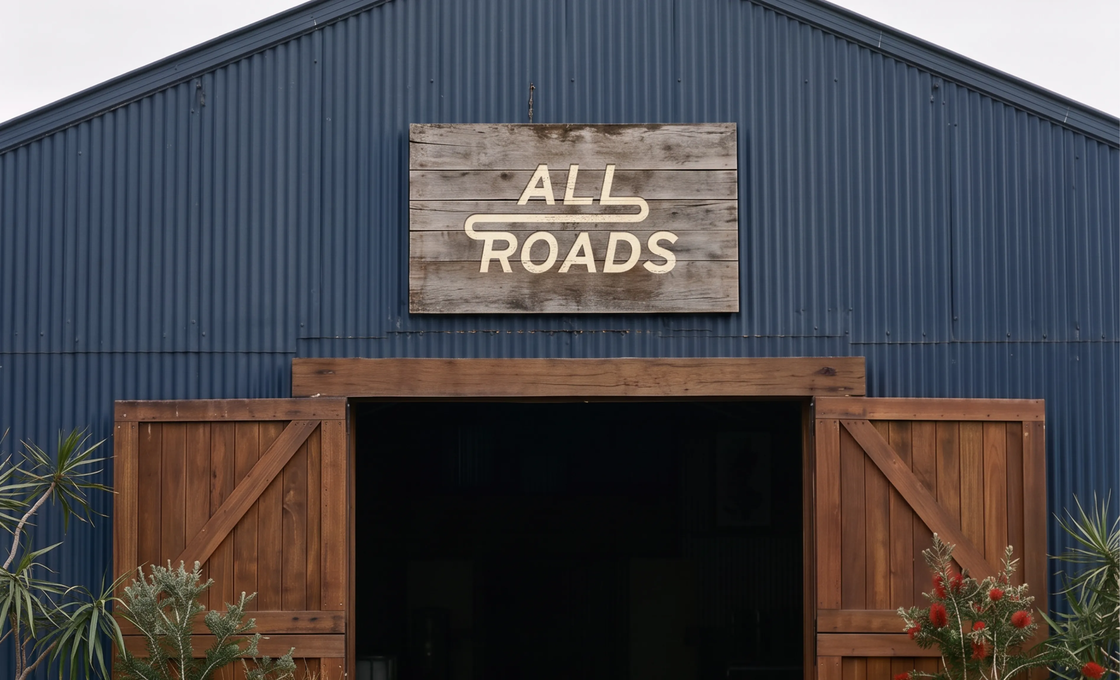 All Roads Brewing Co. brand photography showing the brewery's blue corrugated iron entrance