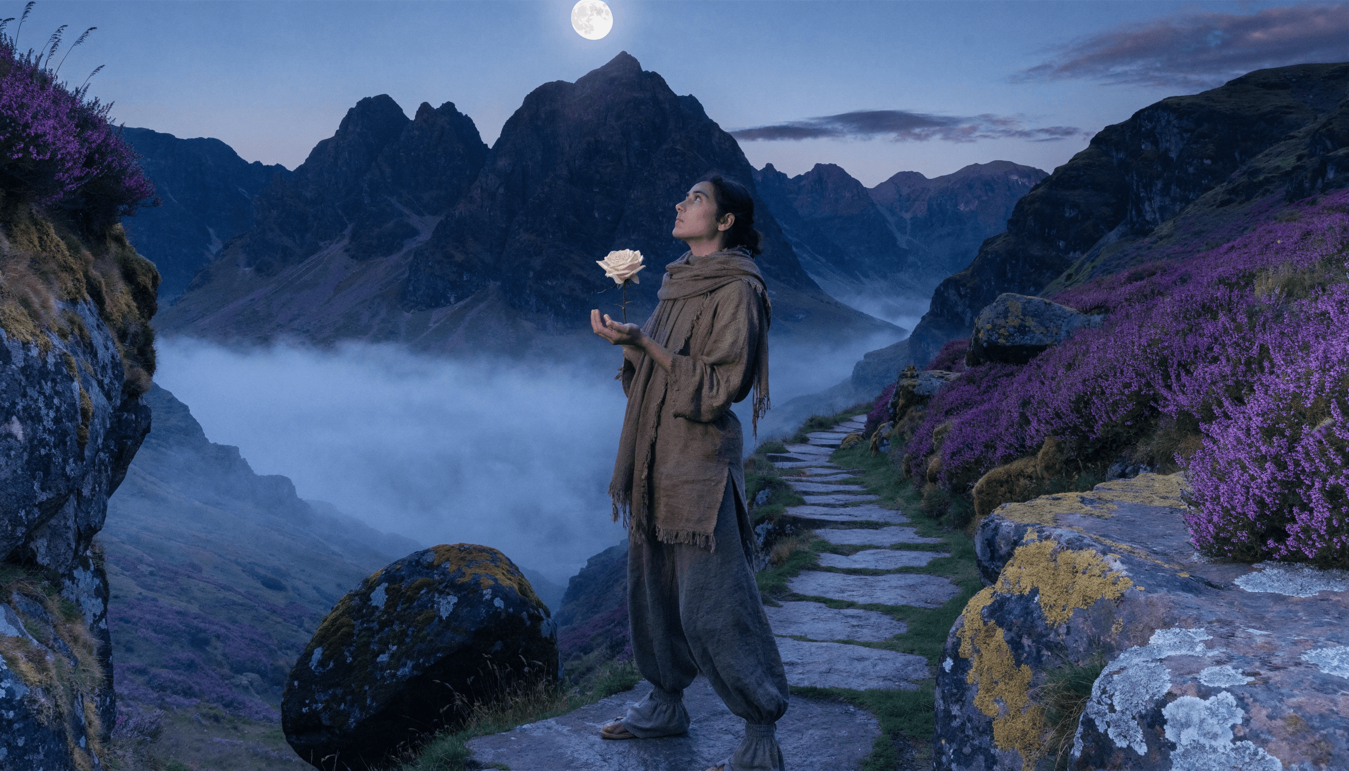 A cinematic, hyper-realistic 8k photograph of a young adult traveler standing at a rugged mountain threshold at twilight. Chiaroscuro lighting: sharp, dramatic highlights from a #A3AEC4 Sacred Silver moon against a #0F151E Celestial Shadow background. The traveler wears earthy, textured fabrics in #8C7D64 Aged Bronze. The landscape features #7668A6 Magical Lavender wild heather and dark mossy stones. A winding stone path leads into a valley filled with #2E345E Celestial Indigo mist. Sharp focus on the traveler’s face and the single glowing #F3F6FA Off-White rose they hold. High contrast, deep velvety shadows, soulful and mysterious atmosphere. No text. 16:9 aspect ratio.