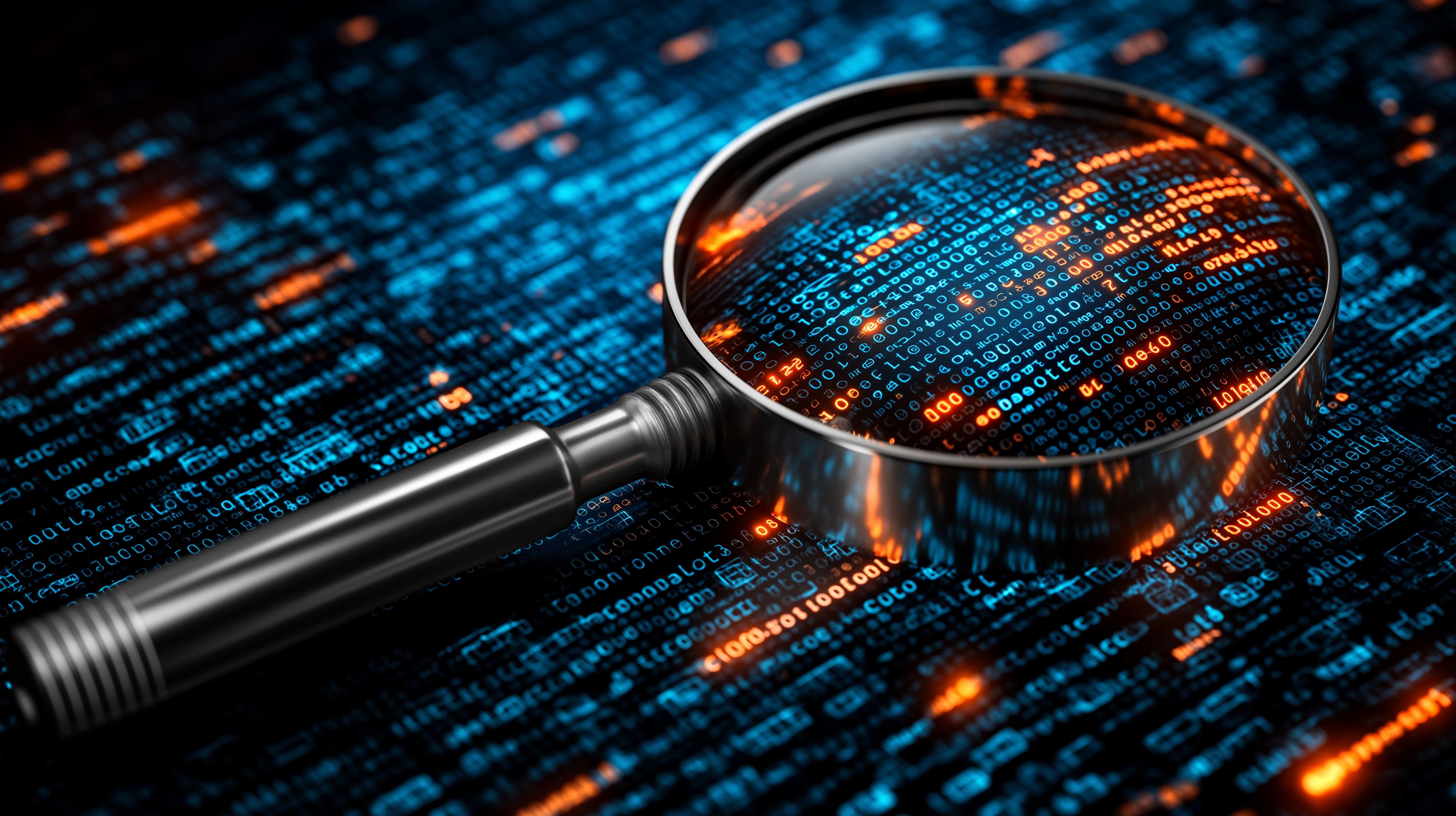Magnifier over illuminated binary with orange hotspots, expressing anomaly detection, malware analysis, and digital forensics for incident response.
