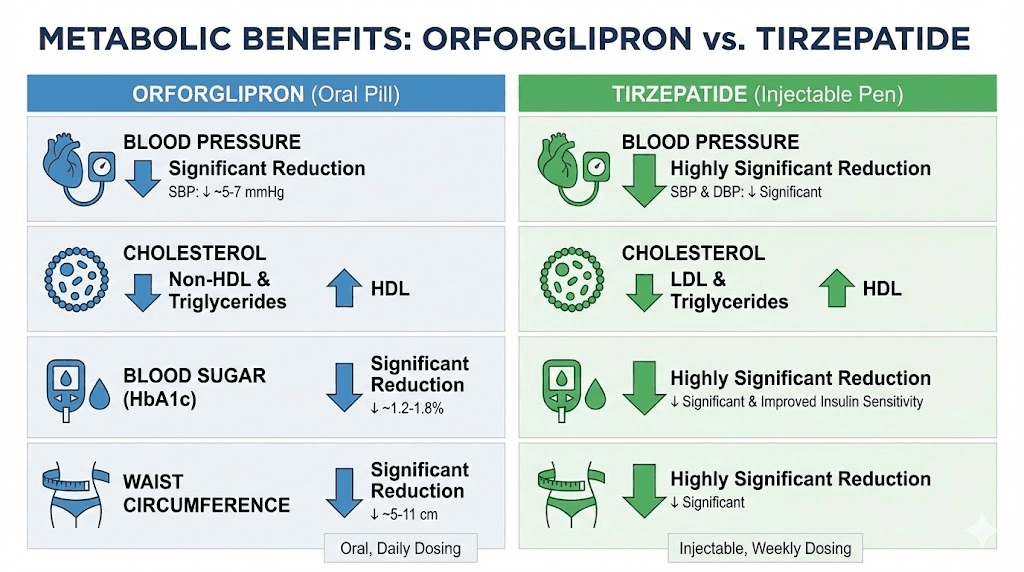 Orforglipron and tirzepatide metabolic health benefits comparison infographic