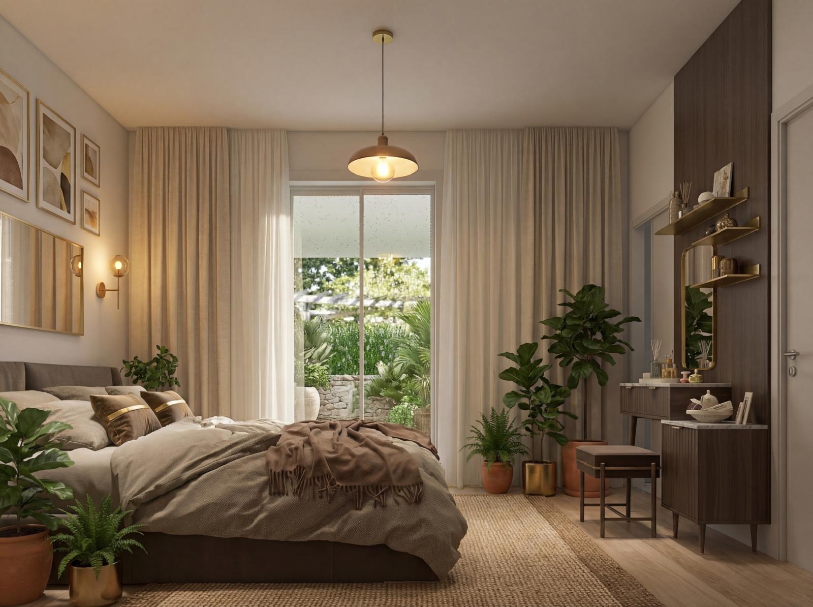 Rendering di un'ampia camera da letto matrimoniale con pavimentazione in parquet, in un appartamento nuovo e luminoso alle porte di Torino (Collegno) in zona ben servita.