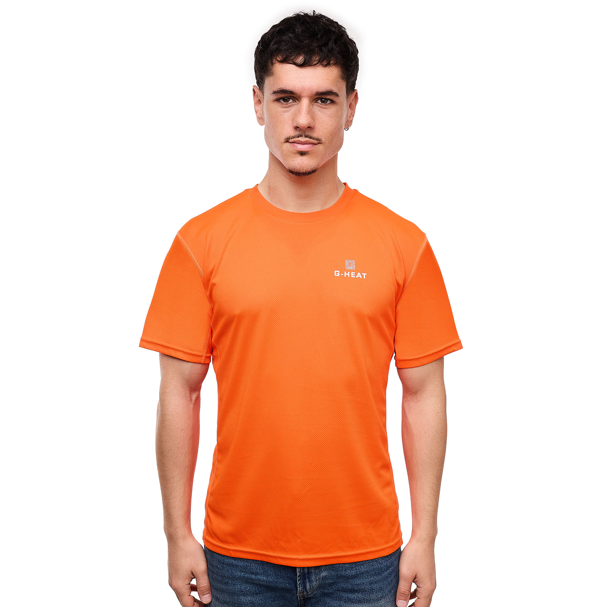 T-shirt rafraîchissant anti-UV homme G-Heat orange porté face fond blanc