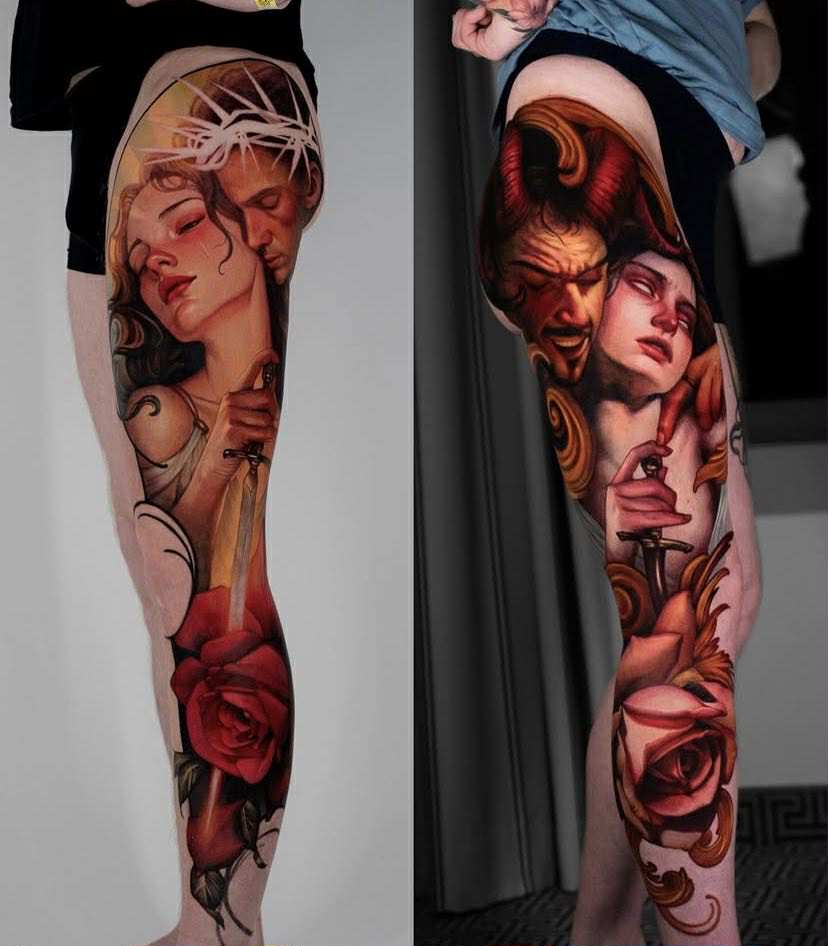 Statue-inspired tattoo featuring peony flower and sacred heart.