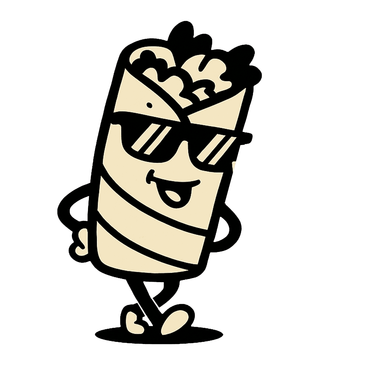 Rico Rolls mascot illustration of a cool wrap character wearing sunglasses, standing confidently with hands on hips.