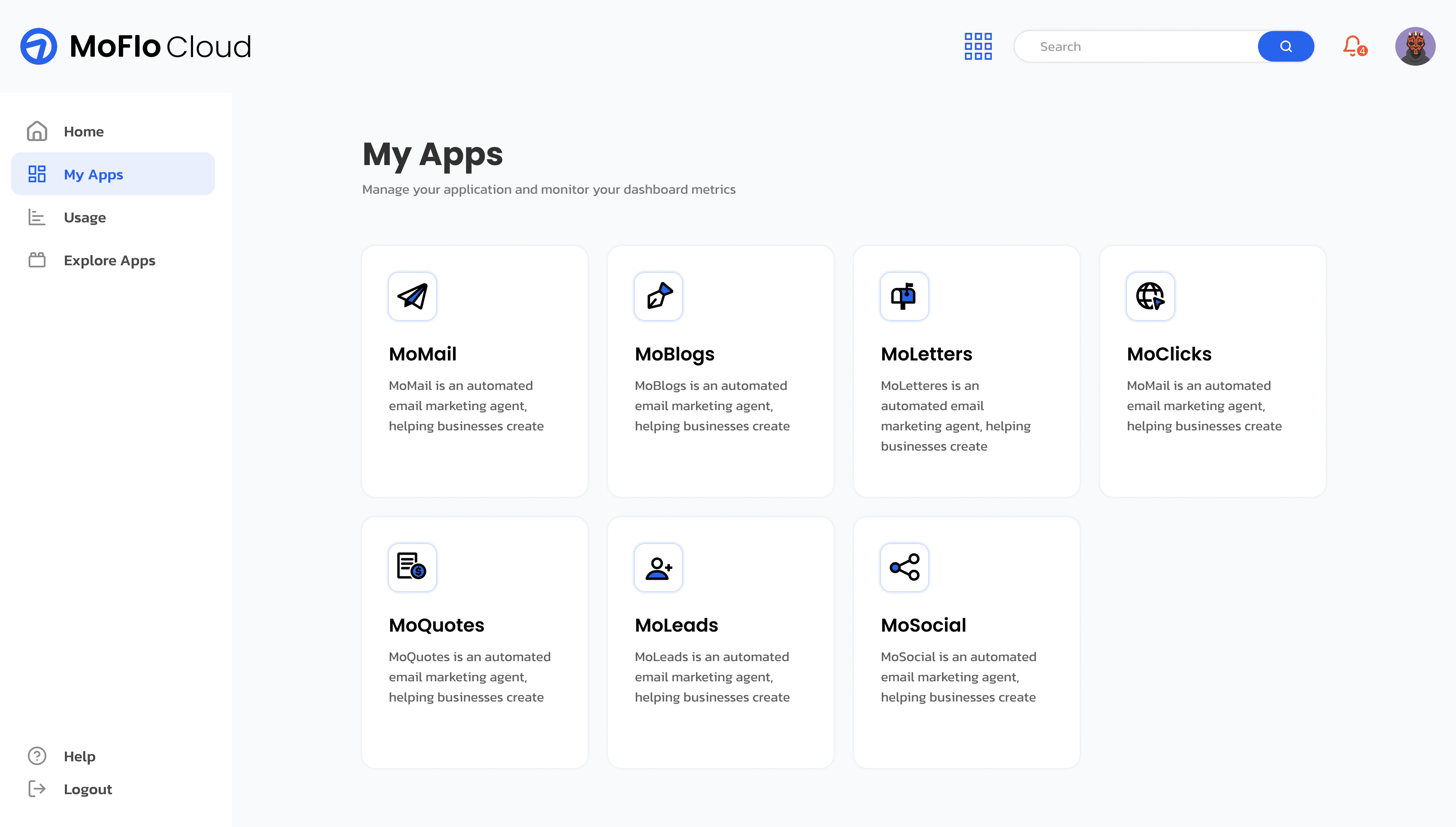 Dashboard view of MoFlo Cloud showing the "My Apps" section with app cards for MoMail, MoBlogs, MoLetters, MoQuotes, MoLeads, and MoSocial.