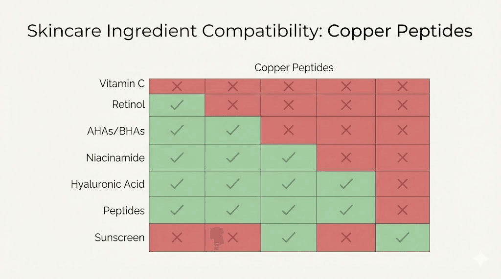 Copper peptide ingredient compatibility guide showing safe and conflicting combinations