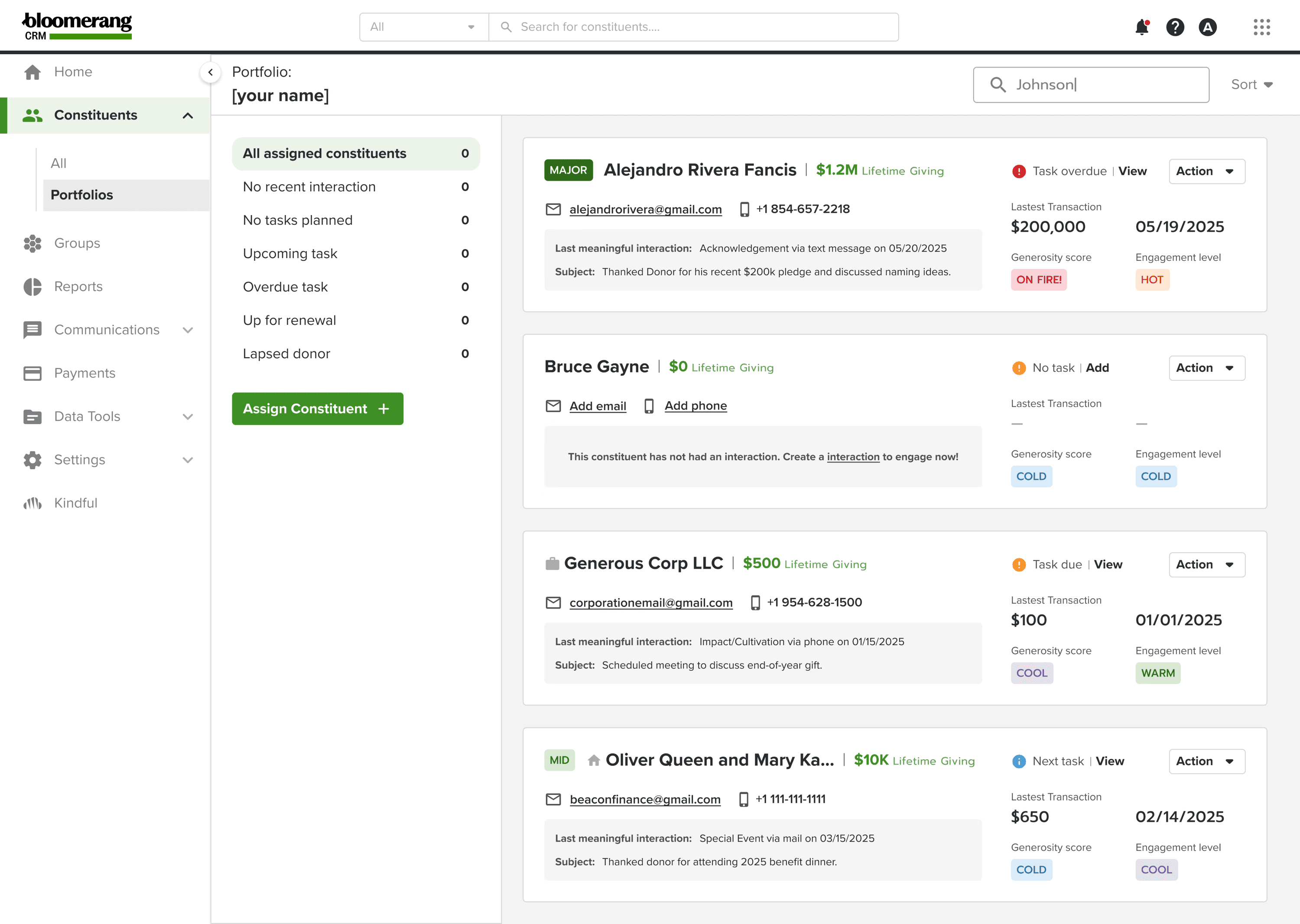 Bloomerang dashboard design
