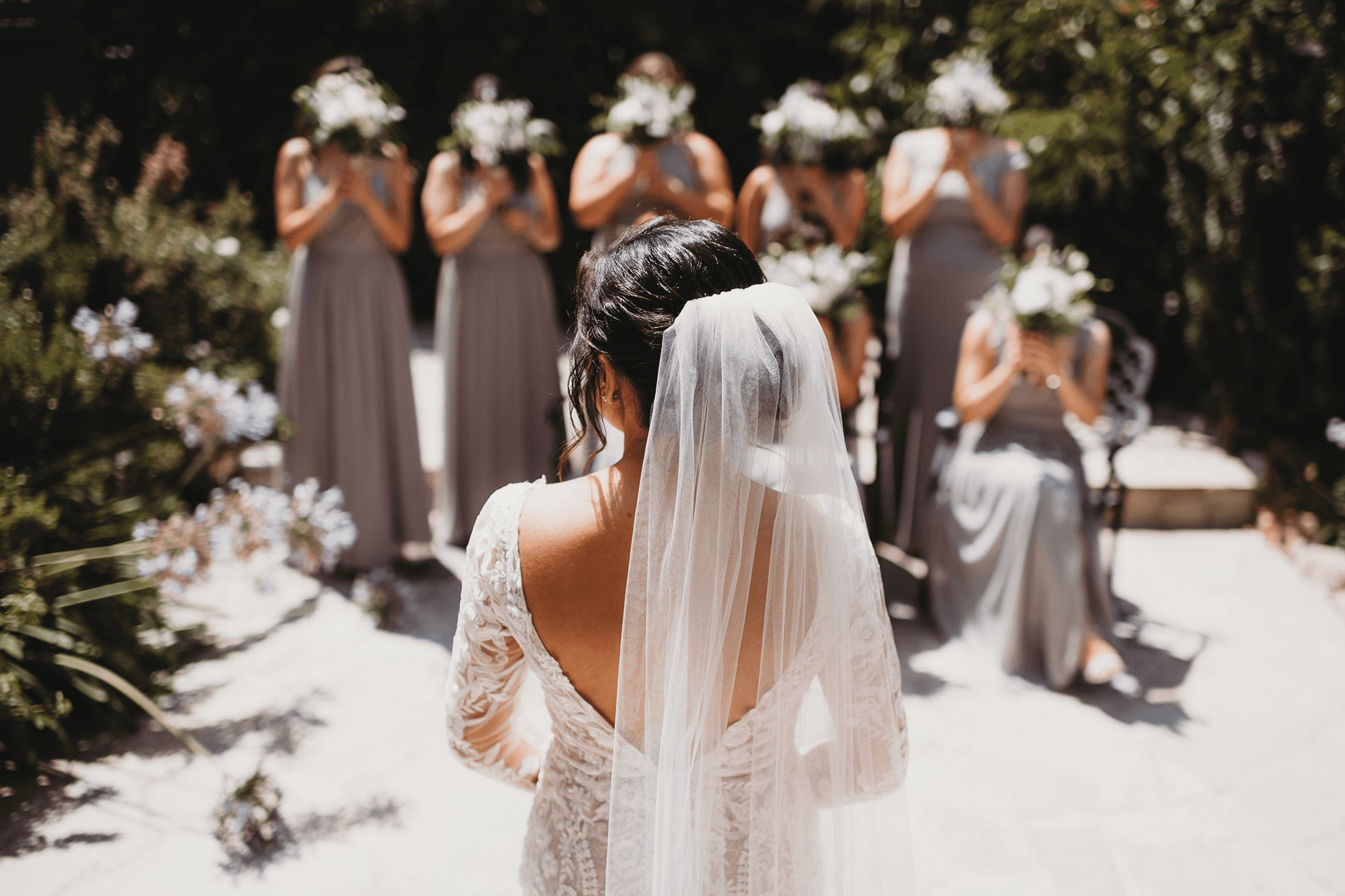 Bridesmaids first look reaction on patio at Gerry Ranch