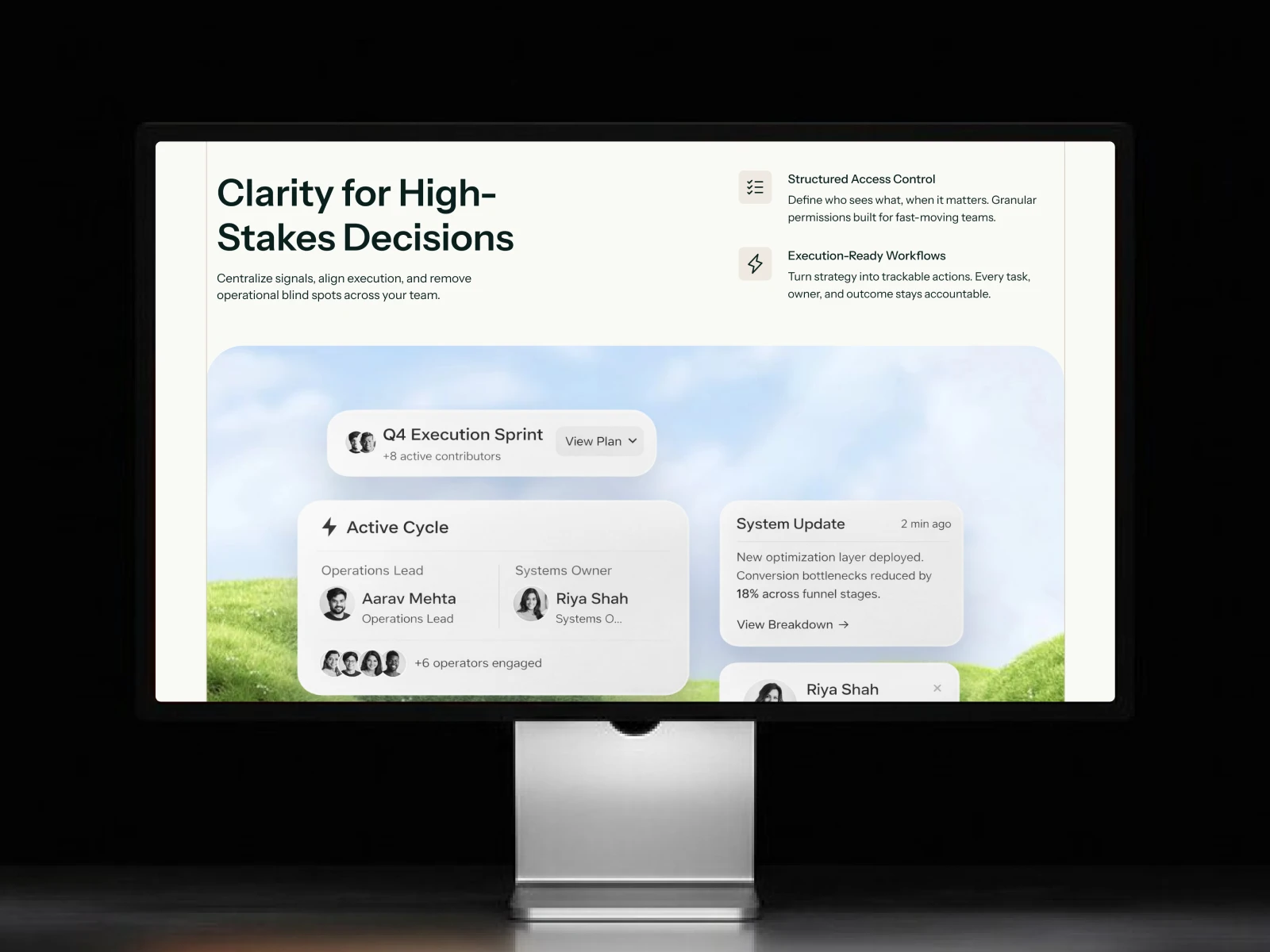 Dashboard with team productivity and system update info