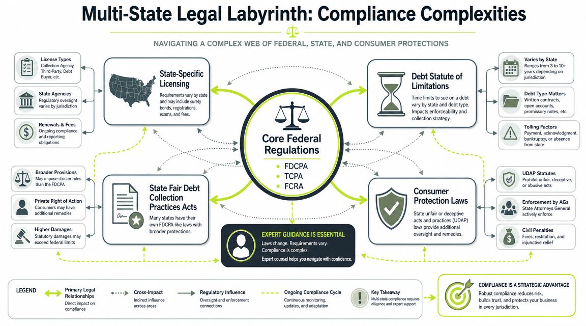 A diagram illustrating the complex web of multi-state legal regulations and compliance requirements for debt collection.