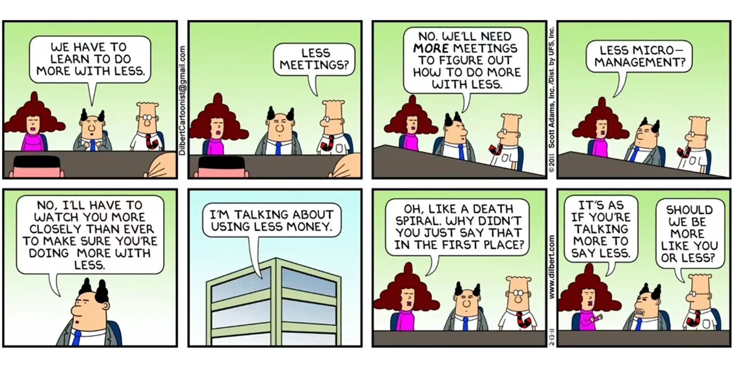 Cartoon strip illustrating the confusion of being asked to do more work with fewer resources and less budget.