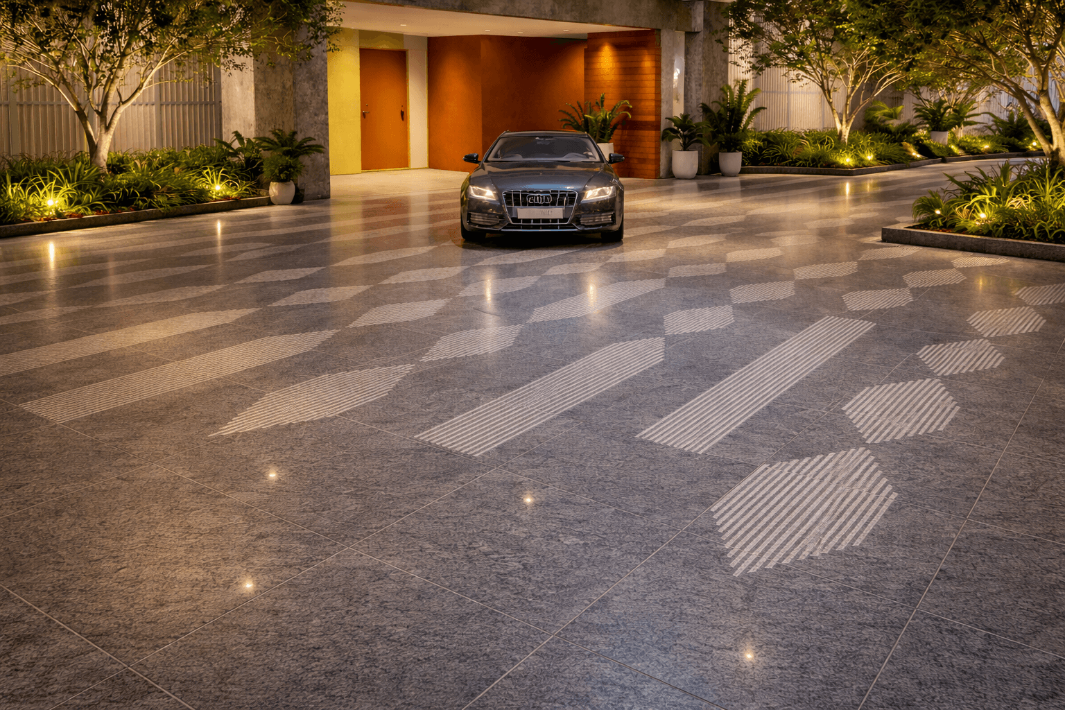 Ready-to-use granite paving design with geometric pattern in modern outdoor space