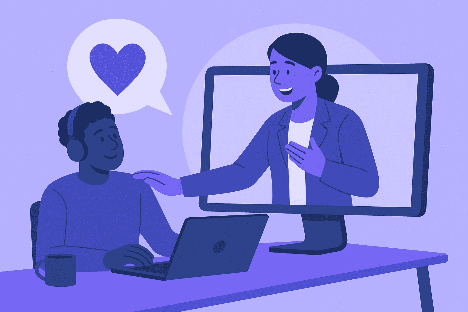 Flat-style digital illustration showing a kind leader supporting a remote worker through a video call, symbolizing positive company culture, empathy, and trust within remote teams.