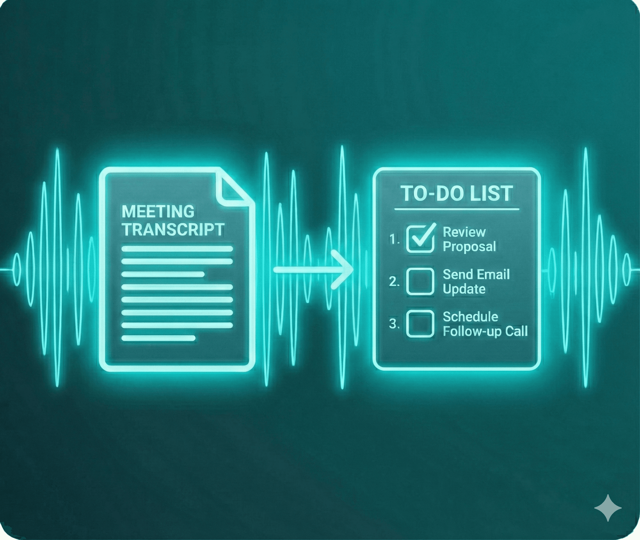 A digital graphic showing two documents with sound wave patterns between them, suggesting data transfer or communication.