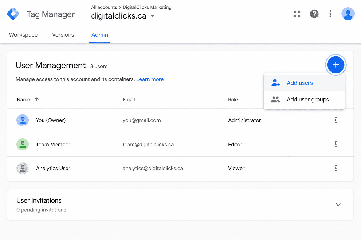 Google Tag Manager User Management screen with the plus button highlighted.