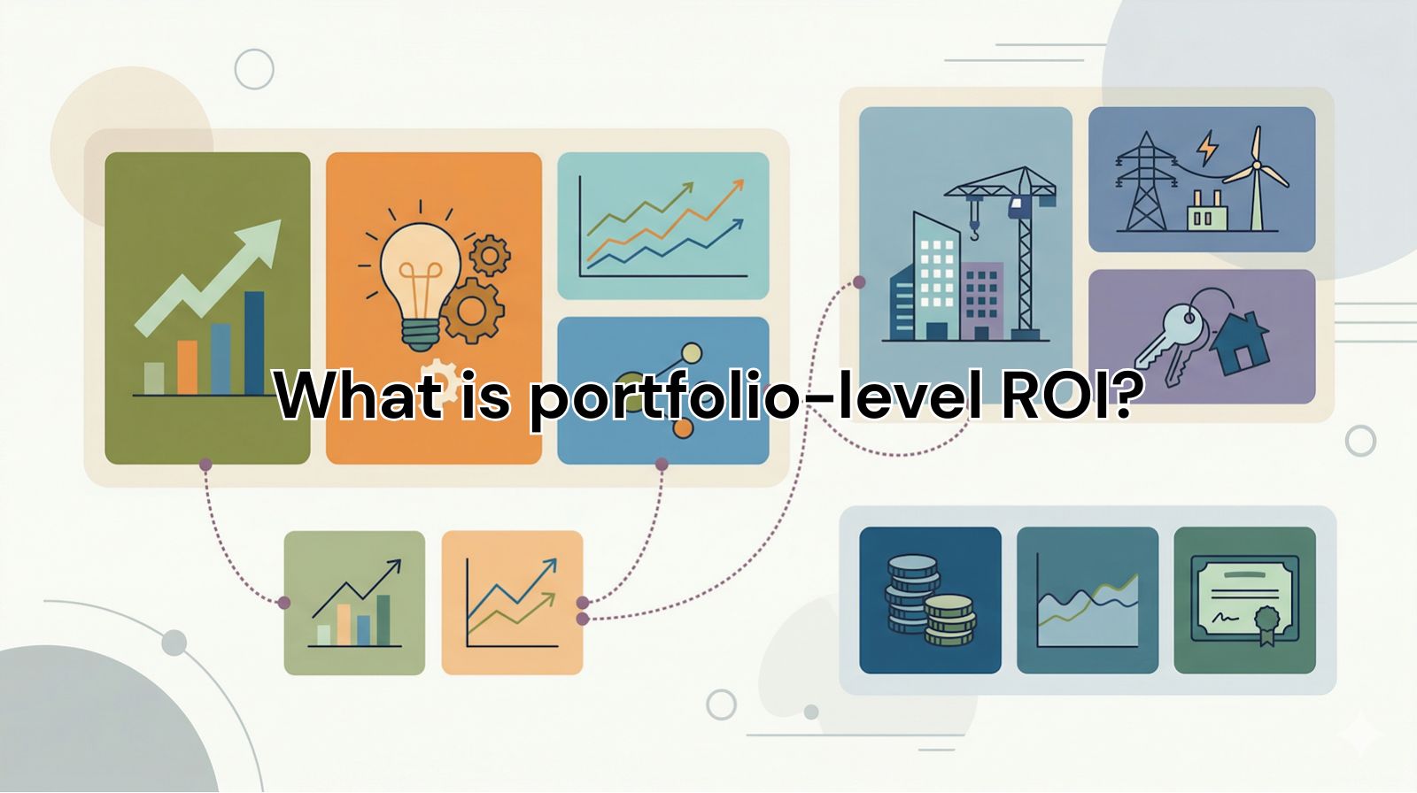 Editorial illustration of a portfolio dashboard showing several investment tiles grouped together, some linked by thin connecting threads to represent interaction between initiatives, with a title of “What is portfolio-level ROI?”.
