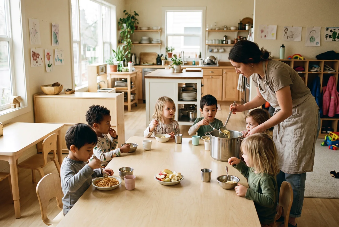 Lunch at the long oak table: six children with bowls of pasta and fruit, the cook serving from a pot