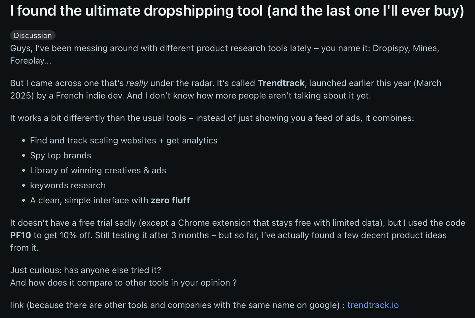 Forum post describing Trendtrack as an underrated dropshipping research tool.