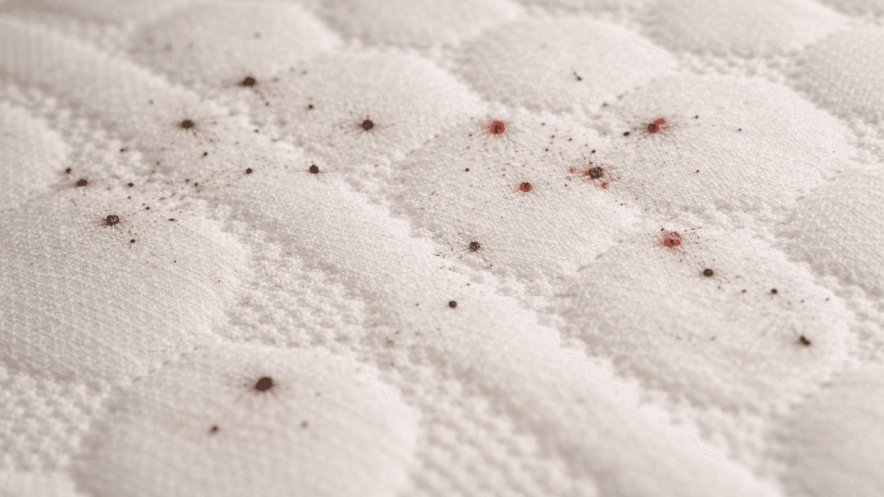 Surface de matelas avec des taches de sang et des déjections de punaises de lit