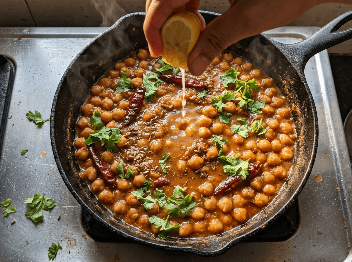 Overhead view of weeknight chana masala with whole spices and fresh lemon