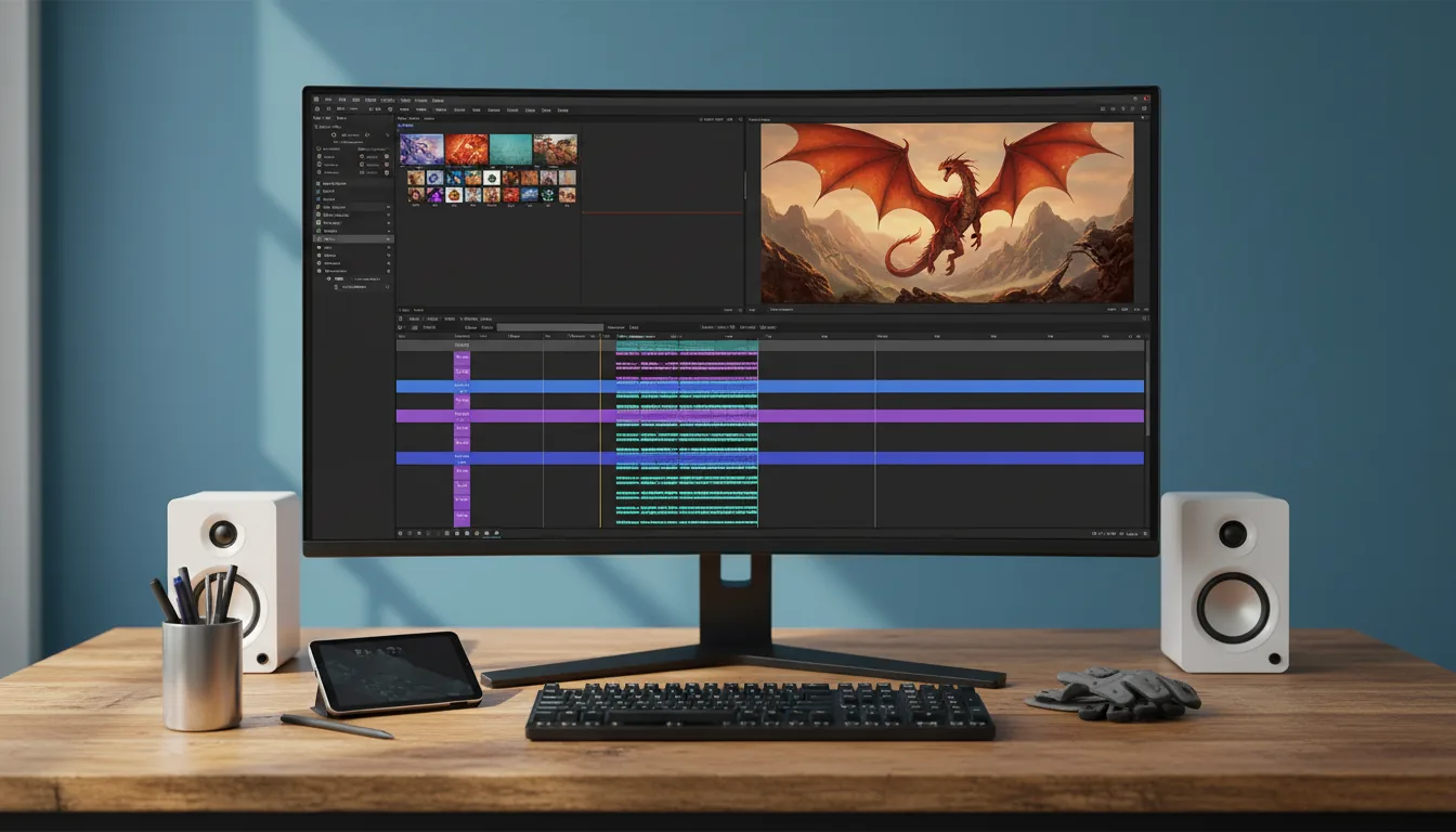 DSLR photograph of a professional video editing workstation on a wooden desk against a matte blue wall. A large widescreen monitor is the centerpiece, displaying a complex video editing software in dark mode. The interface shows a detailed timeline with purple, blue, and green clips, a media bin with thumbnails, and a preview window with vibrant fantasy art of a red dragon. The desk is arranged with two modern white bookshelf speakers, a small handheld computer, a mechanical keyboard, and a pen cup. The scene is lit by soft, natural daylight, with a sharp focus on the monitor and desk peripherals.