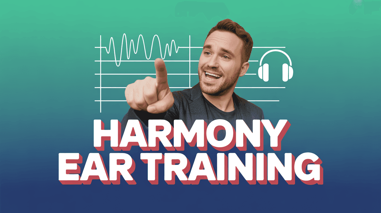 Harmony Ear Training Thumbnail, featuring a vocal instructor pointing at an interval training grid with harmony waveforms and headphone icons