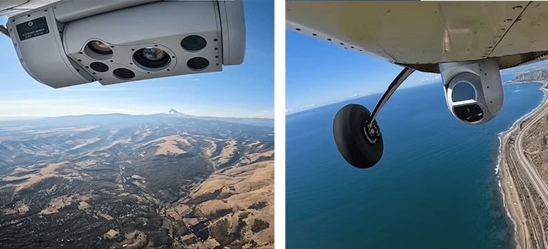 Two Overwatch Imaging airborne sensors in flight: a forward-looking ISR gimbal over mountainous terrain and a nadir-looking imaging system over a coastline