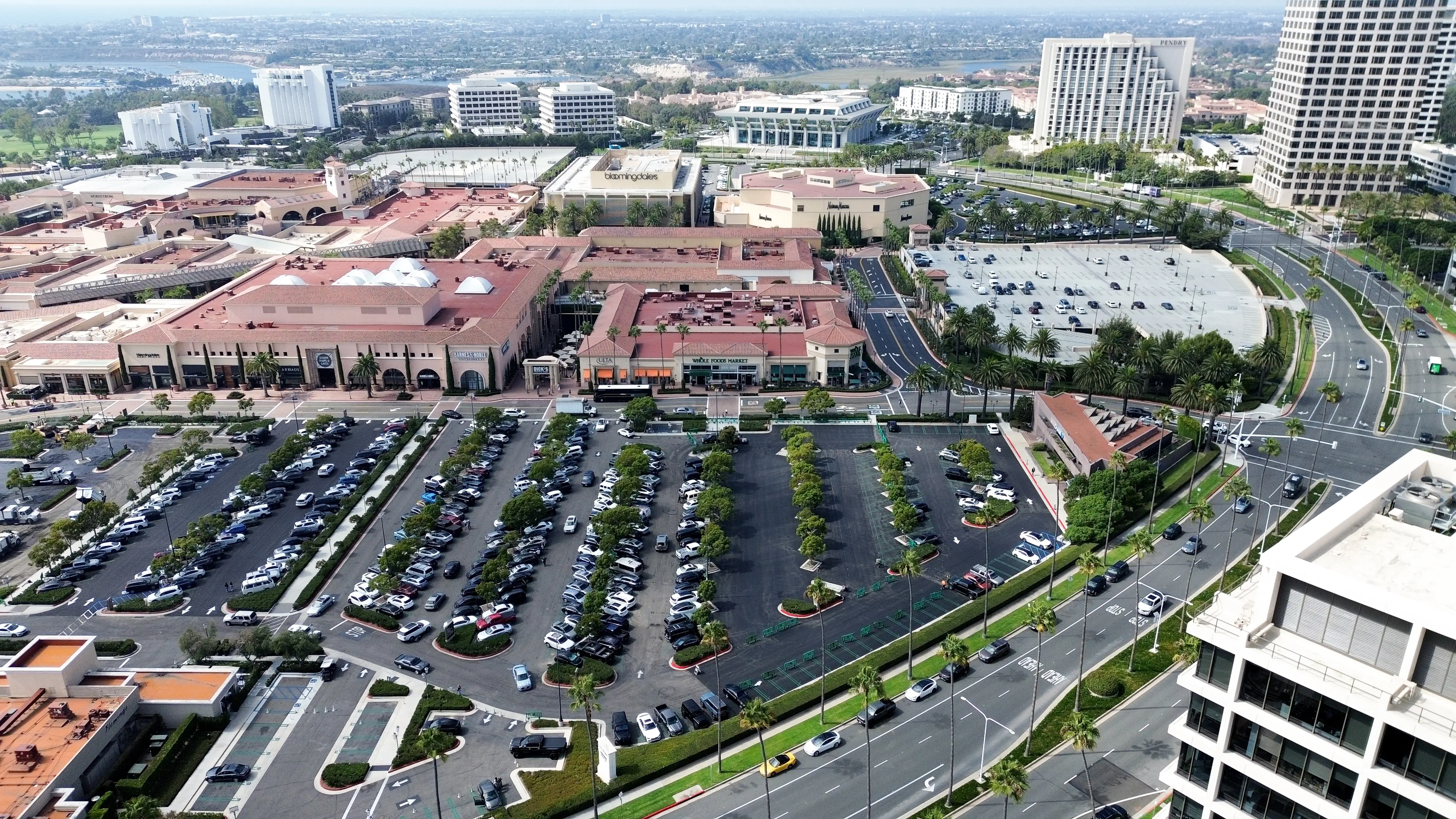 Aerial drone photo of freshly paved shopping center parking lot project