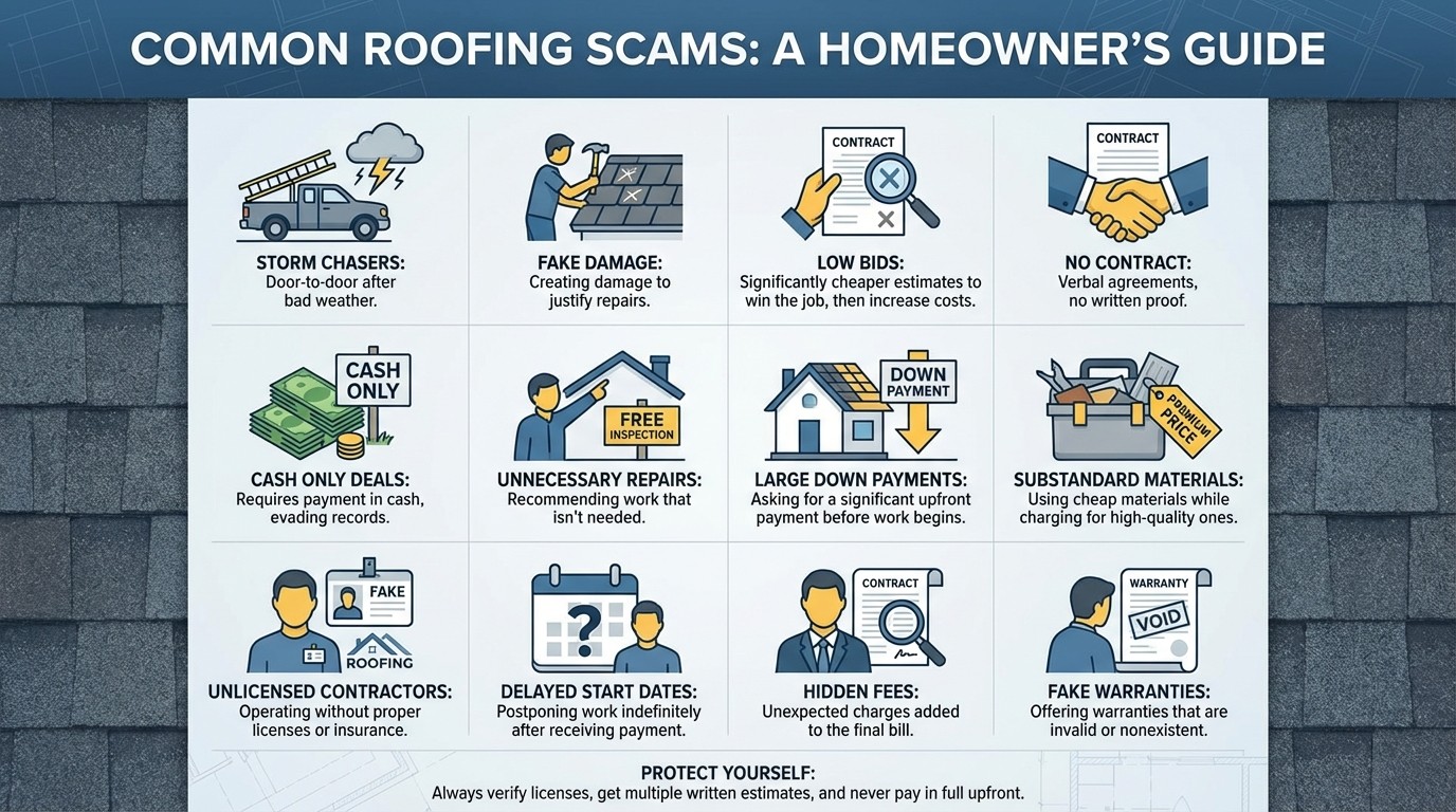 12 most common roofing scams infographic with warning icons