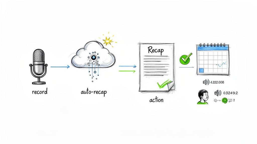 A flowchart illustrating the process of recording audio, cloud-based auto-recap generation, and action tracking.
