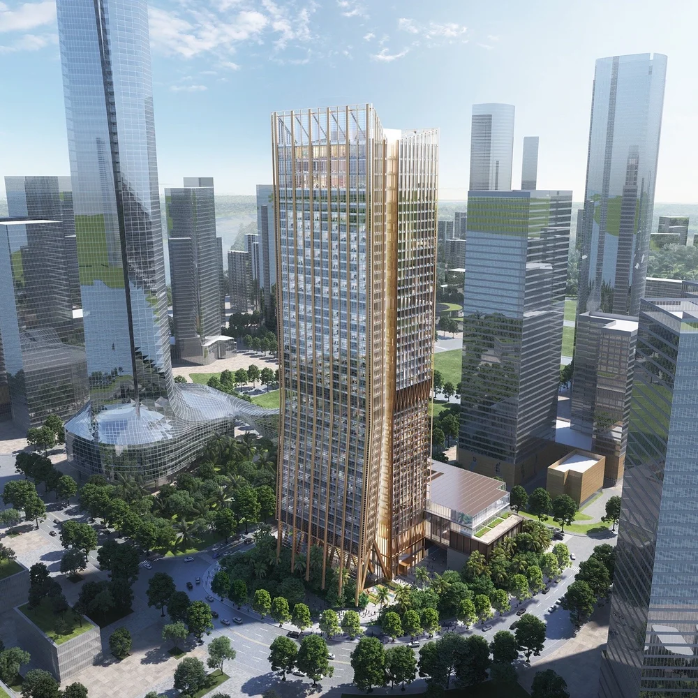 Architectural rendering of a skyscraper with glass facade