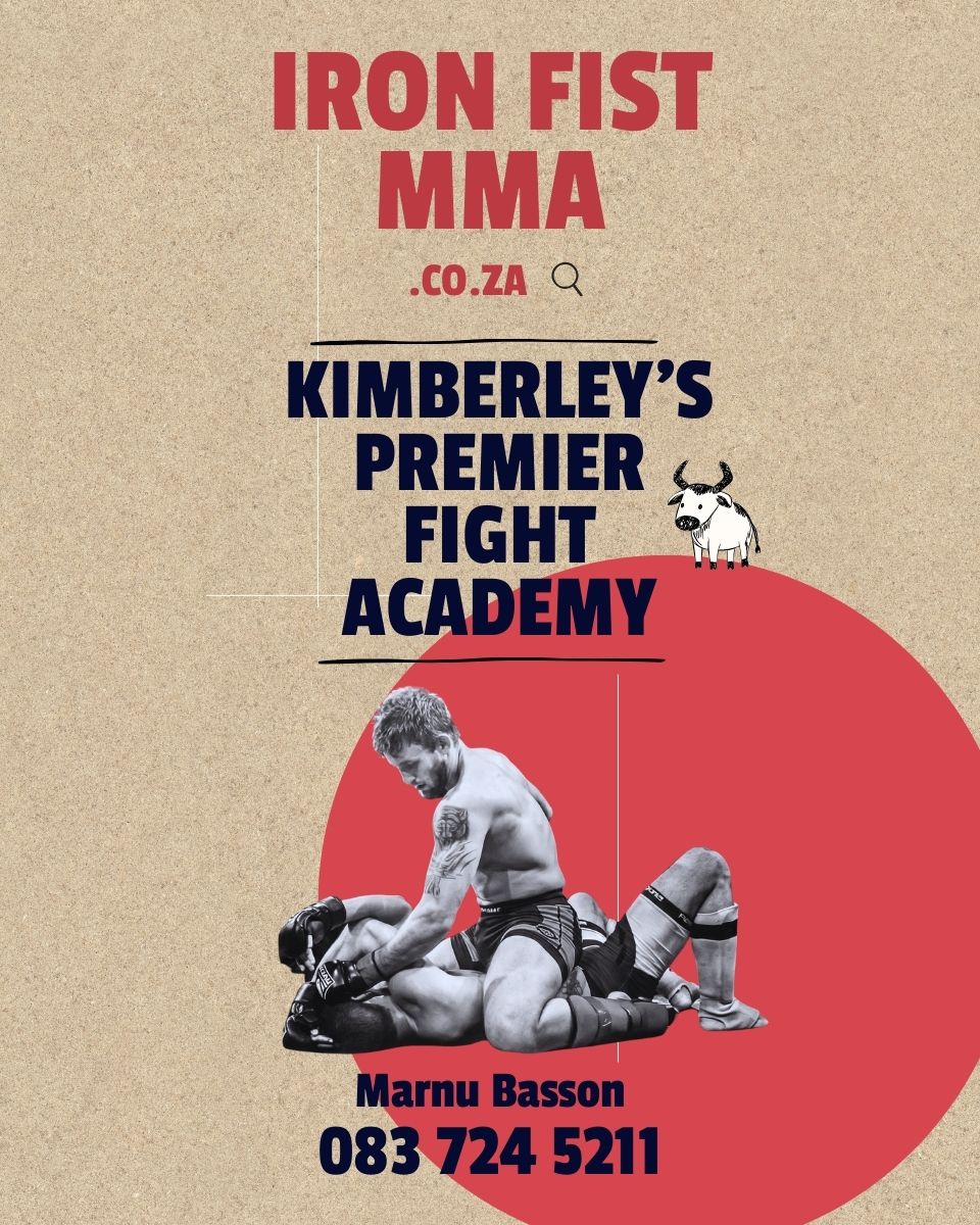 MMA ad: Two fighters grappling on a red circle.