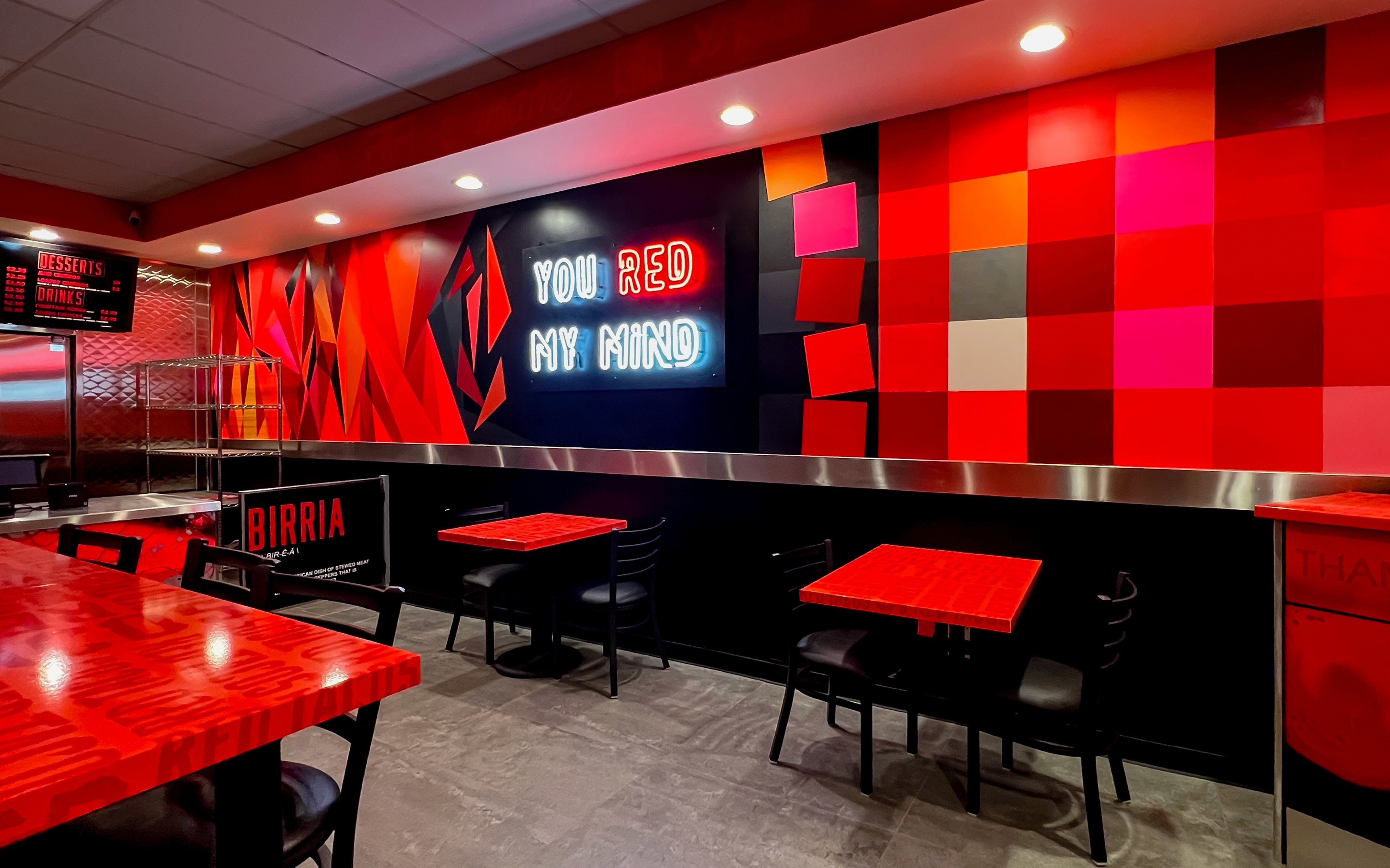 Mike’s Red Tacos flagship interior mural wall with “YOU RED MY MIND” neon — San Diego, CA (2023)