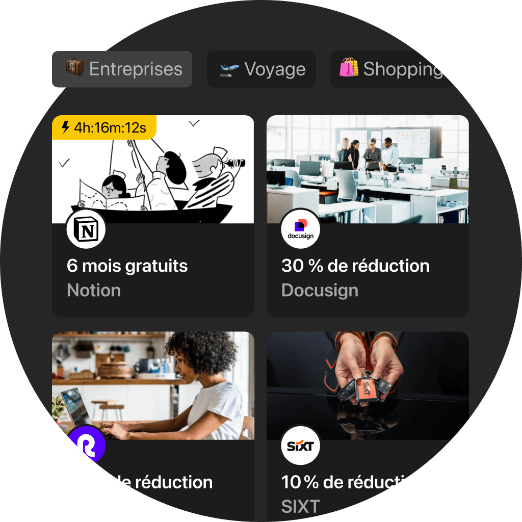 Une interface de menu circulaire affichant diverses catégories telles que "Arts et artisanat" et "Nourriture et boissons".