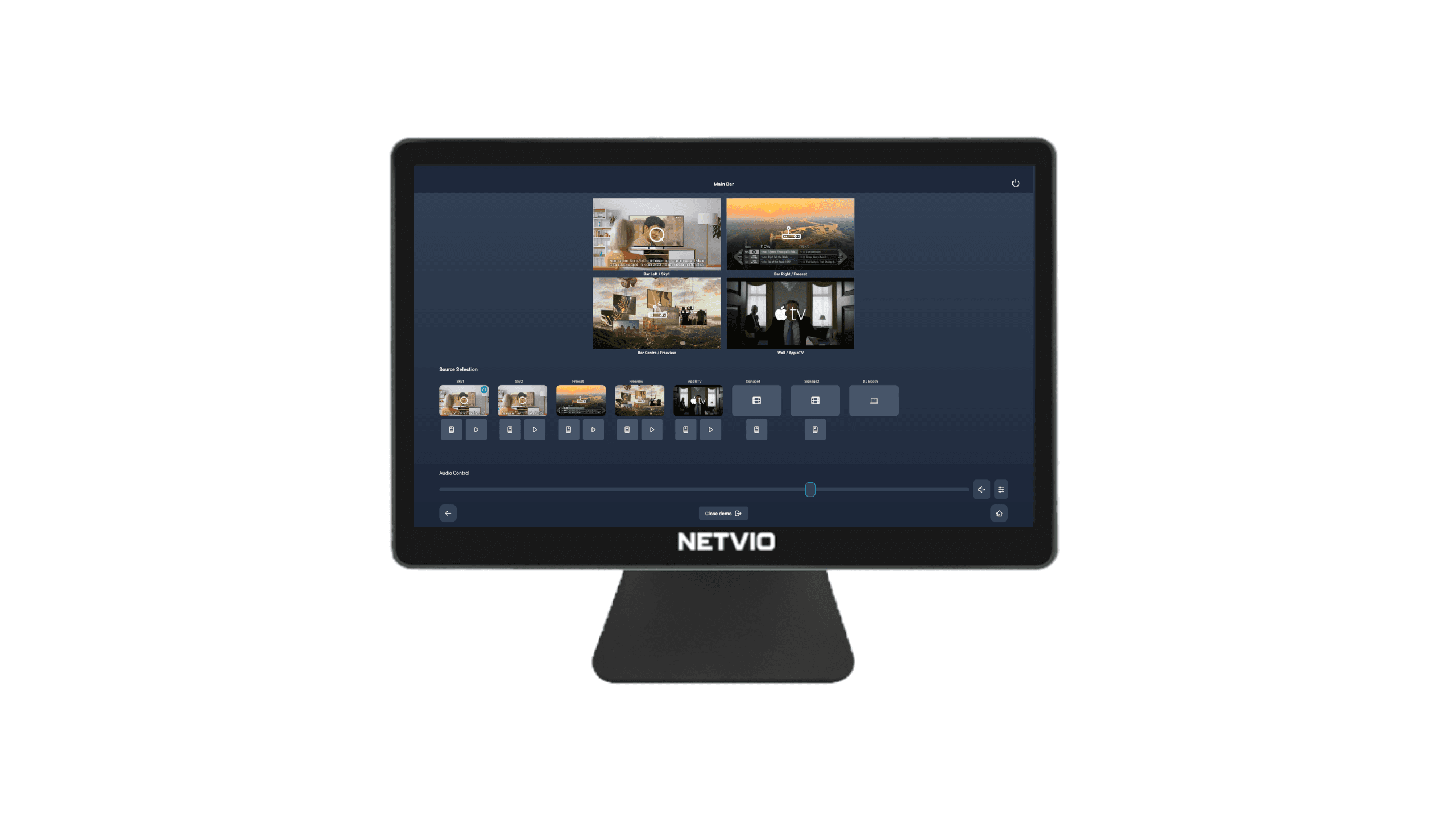 NETVIO display of media scene selection and controls.