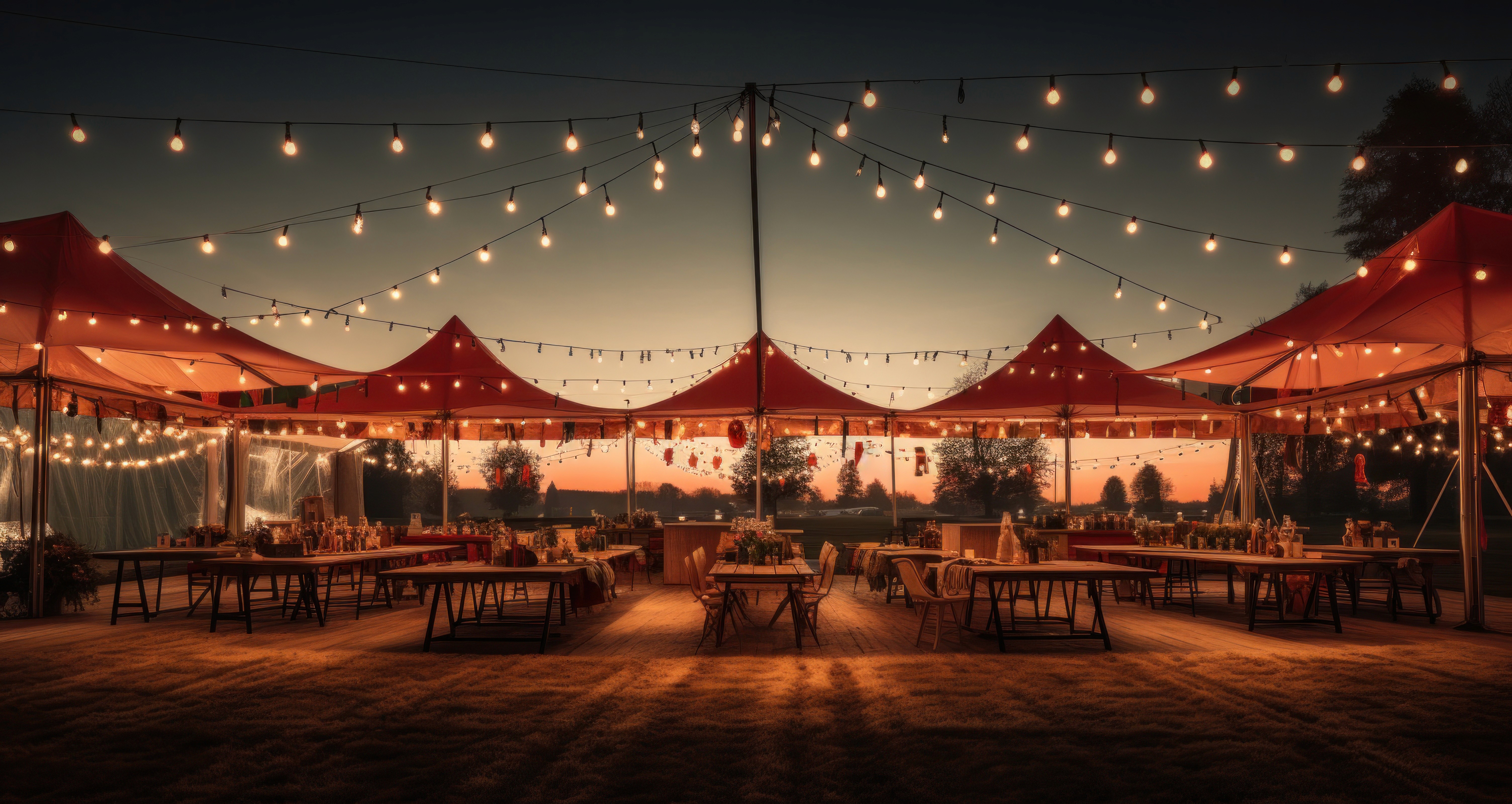Gros plan artistique sur des ampoules suspendues et guirlandes lumineuses floues dans une ambiance de soirée.