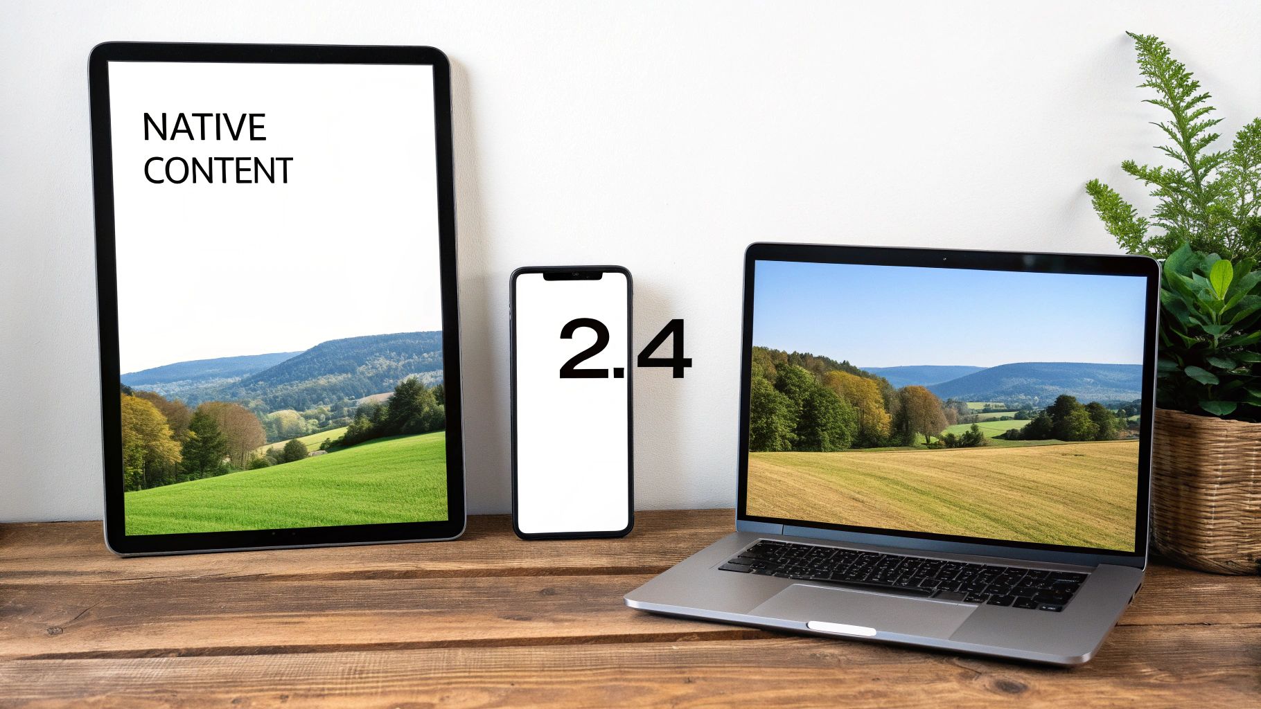 Tablet, smartphone, and laptop showcasing digital content and nature images on a wooden desk.