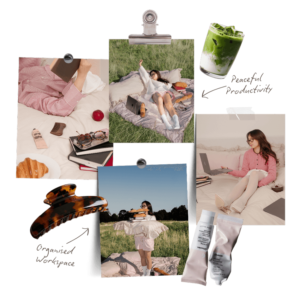 Lifestyle moodboard collage labelled Peaceful Productivity and Organised Workspace with photos of a laptop, books, matcha drink, and skincare