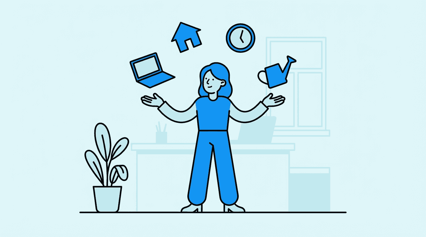 person juggling work life balance in modern office