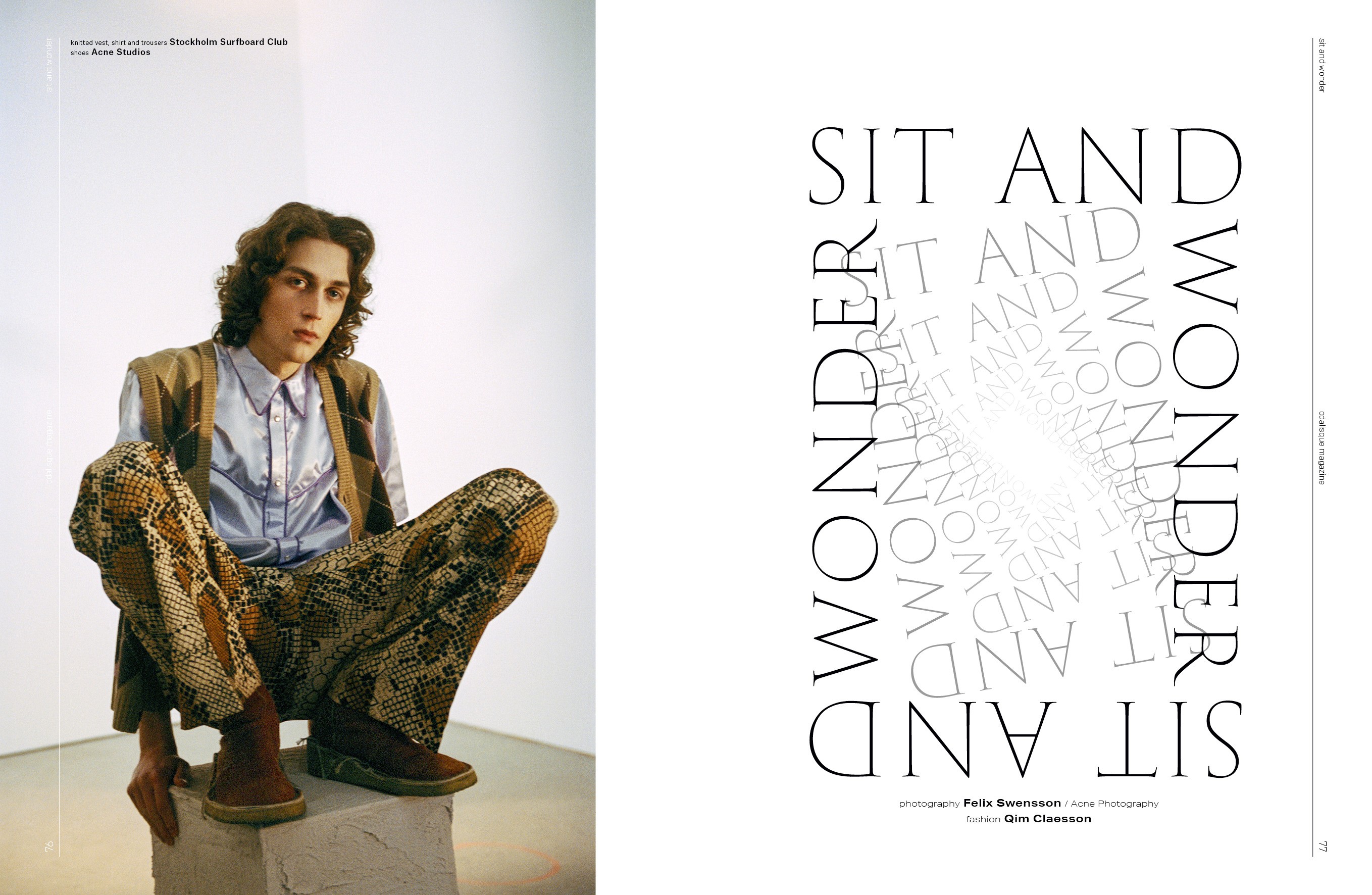 Repeated grey lettering creates a rectangular pattern beside a fashion portrait.