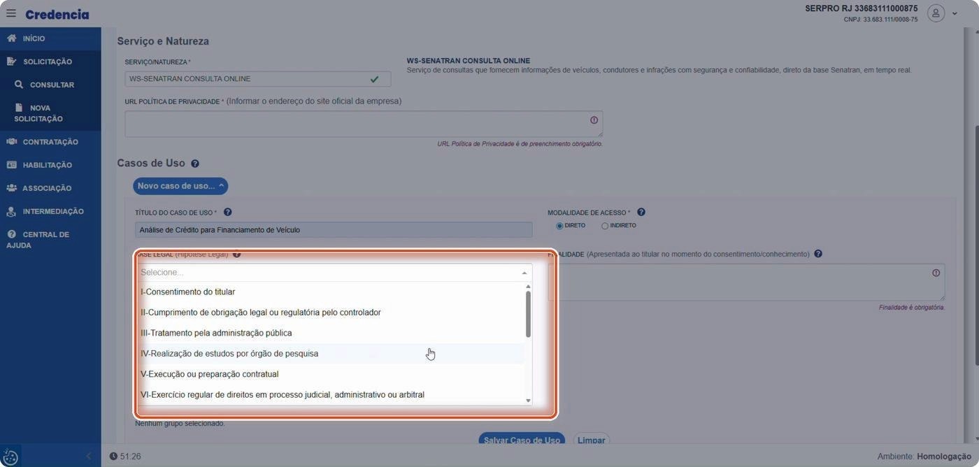 Captura de tela de referência do Credencia para Passo 1 — Abrir e selecionar a hipótese legal. Contexto: 09 — Base Legal.
