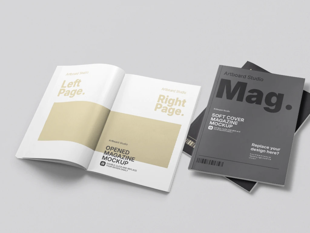 Open magazine mockup with front and back covers