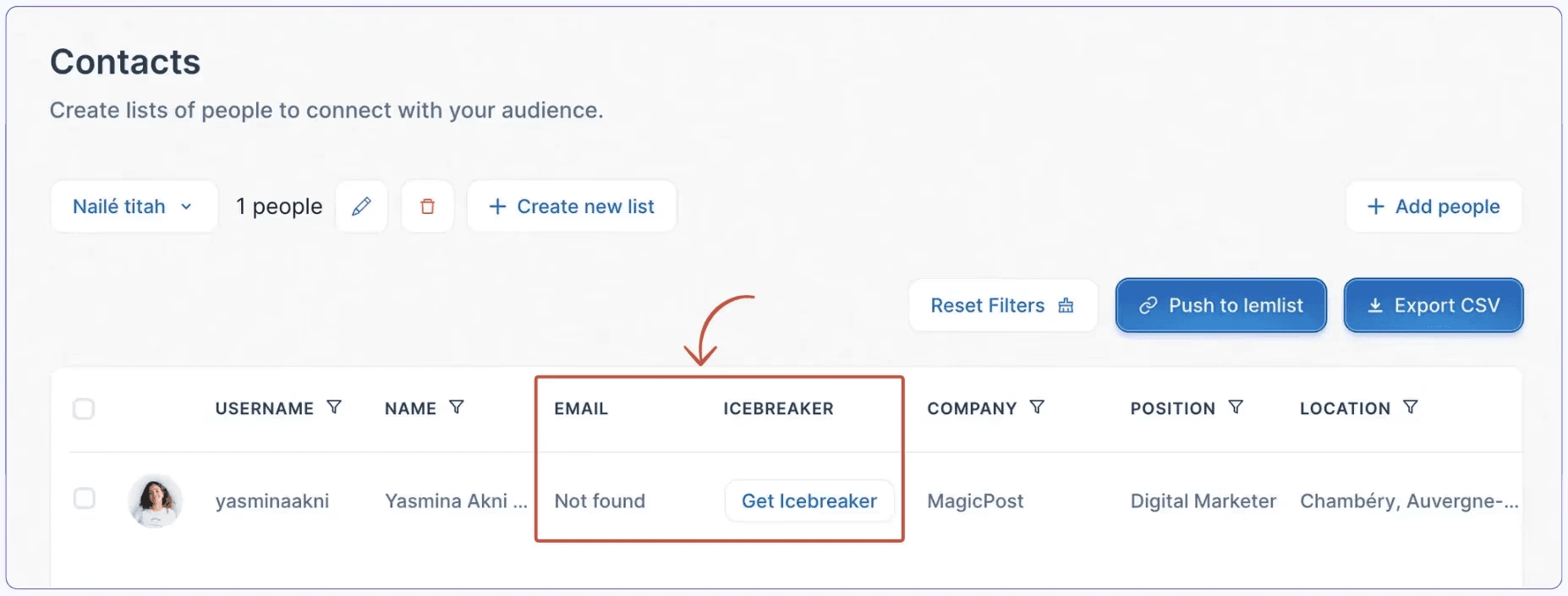 Taplio's contact database, showing the user's list of contacts, name, company, position, location, and a button to generate icebreakers
