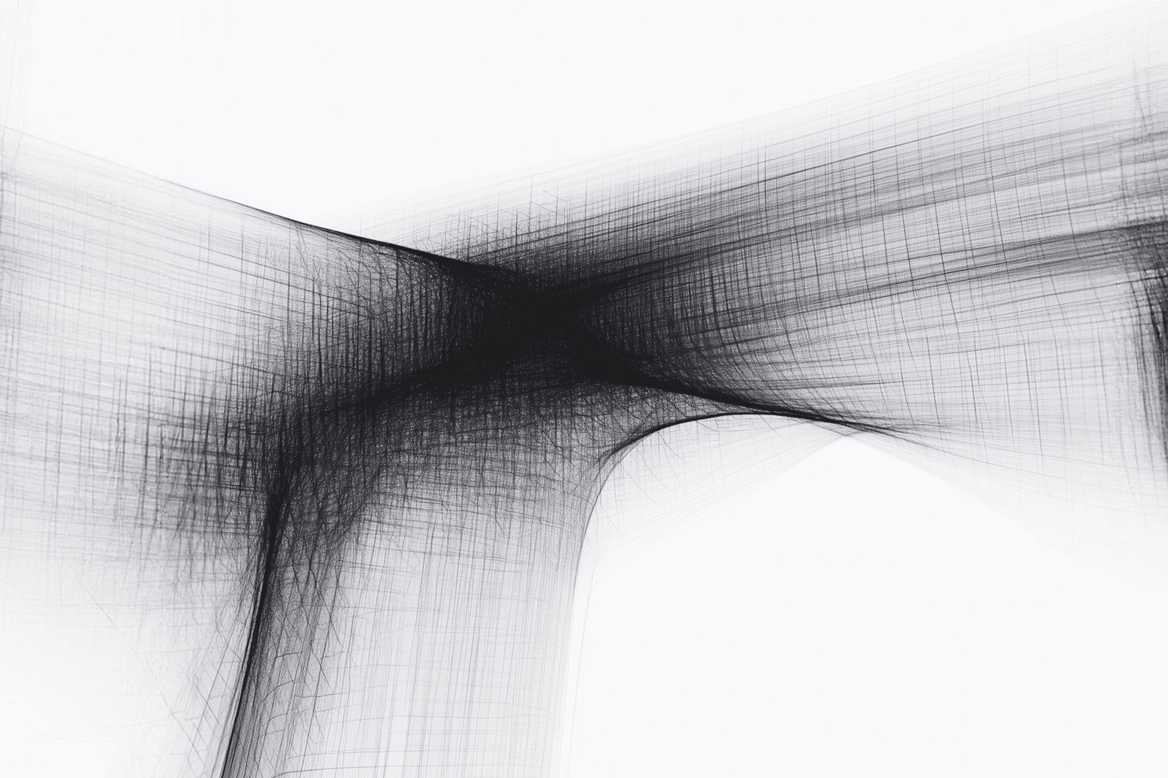 Abstract black lines intersect and flow over a white background, creating a minimalist, web-like digital artwork with depth and motion.