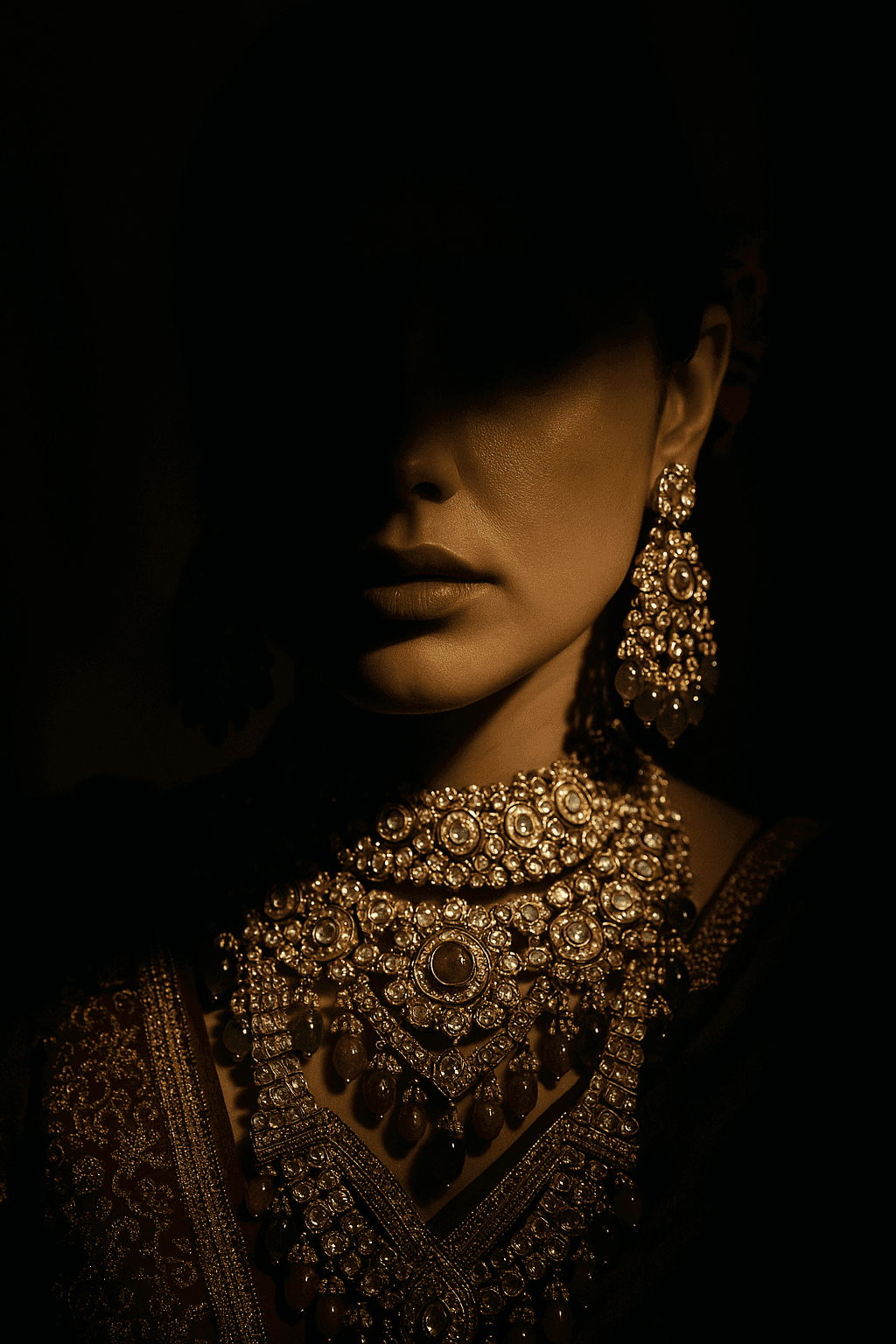 Woman wearing traditional gold bridal jewelry by JORA, featuring an ornate necklace and earrings.