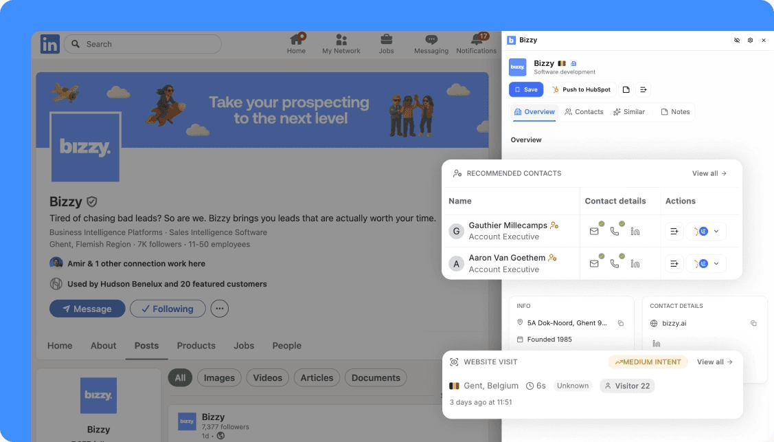 La sidebar de Bizzy sur une page entreprise LinkedIn : contacts recommandés et visite du site, réunis dans un seul panneau.