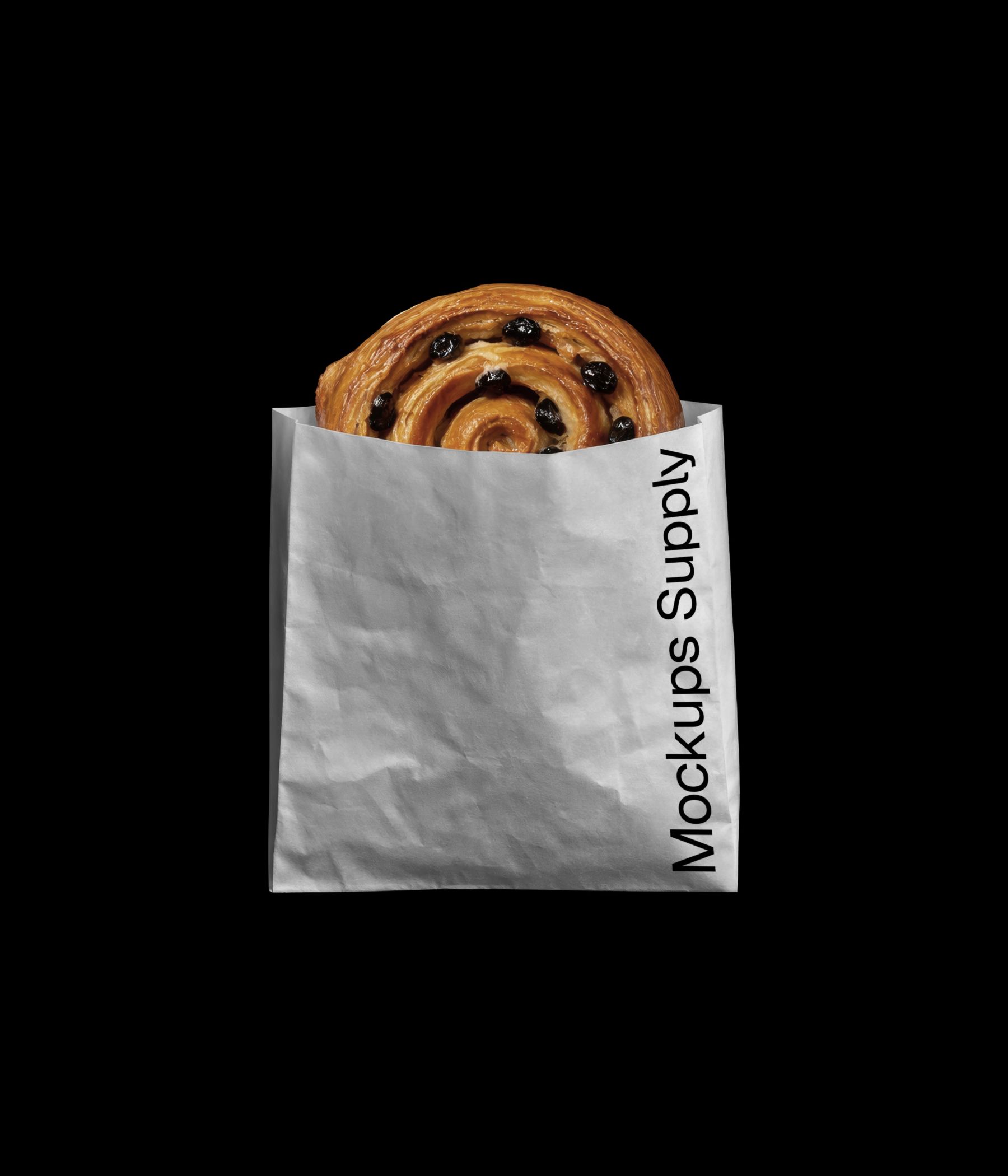 Pain aux raisins in white paper bag mockup on black background for Photoshop