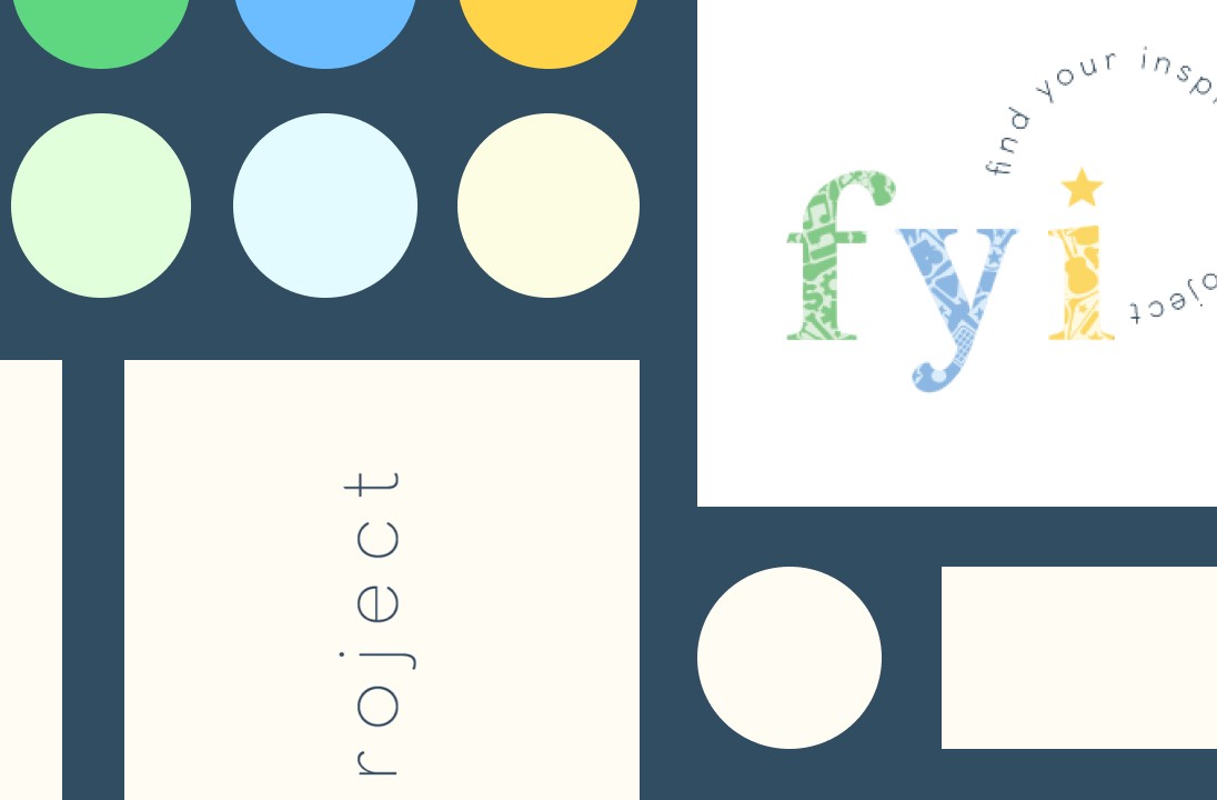 A flatlay of miscellaneous pieces of the FYI-Project branding, including logo, signatures and color swatches.