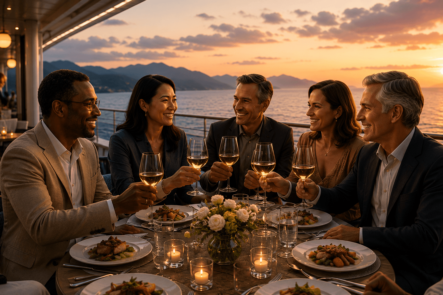 People enjoying dinner on a cruise