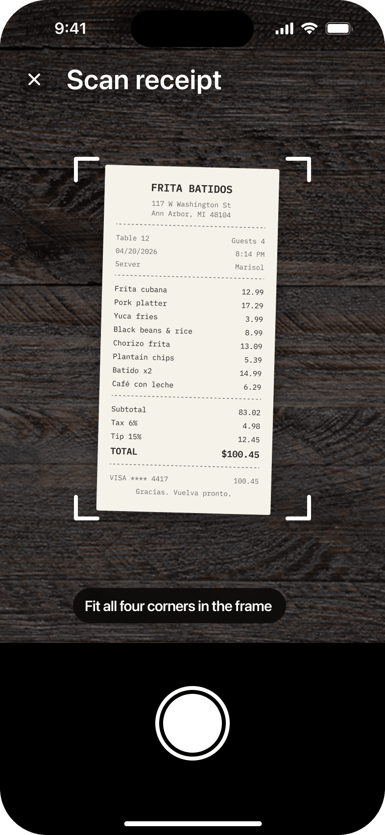 The camera opens with the Frita Batidos receipt in the frame
